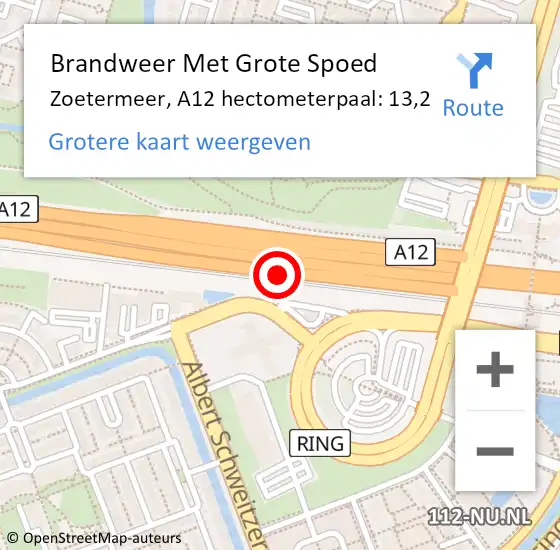 Locatie op kaart van de 112 melding: Brandweer Met Grote Spoed Naar Zoetermeer, A12 hectometerpaal: 13,2 op 31 augustus 2021 09:50