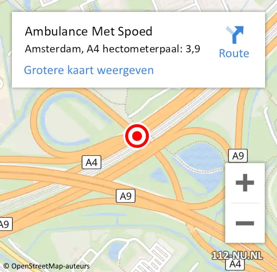 Locatie op kaart van de 112 melding: Ambulance Met Spoed Naar Amsterdam, A4 hectometerpaal: 3,9 op 31 augustus 2021 12:56