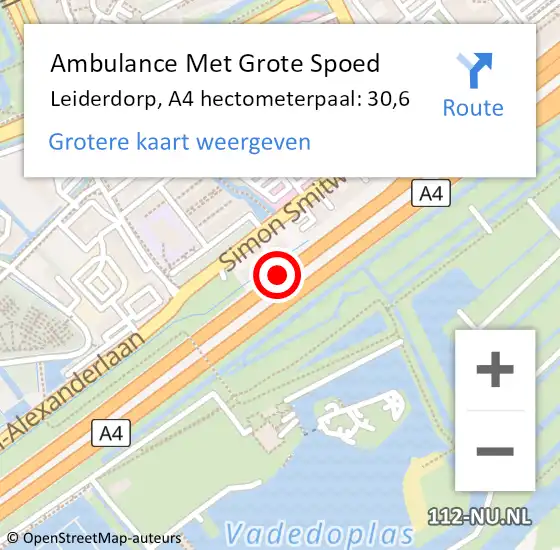 Locatie op kaart van de 112 melding: Ambulance Met Grote Spoed Naar Leiderdorp, A4 hectometerpaal: 30,6 op 31 augustus 2021 13:05