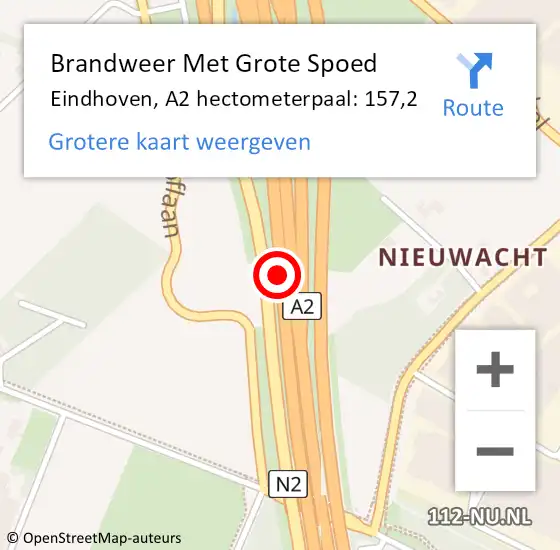 Locatie op kaart van de 112 melding: Brandweer Met Grote Spoed Naar Eindhoven, A2 hectometerpaal: 157,2 op 31 augustus 2021 14:07