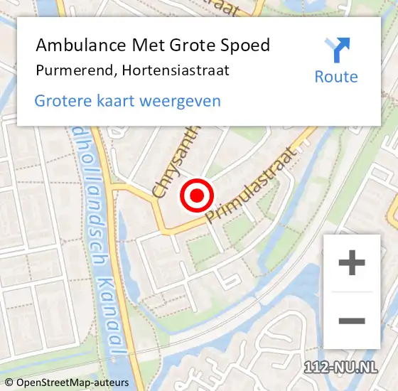 Locatie op kaart van de 112 melding: Ambulance Met Grote Spoed Naar Purmerend, Hortensiastraat op 31 augustus 2021 14:09