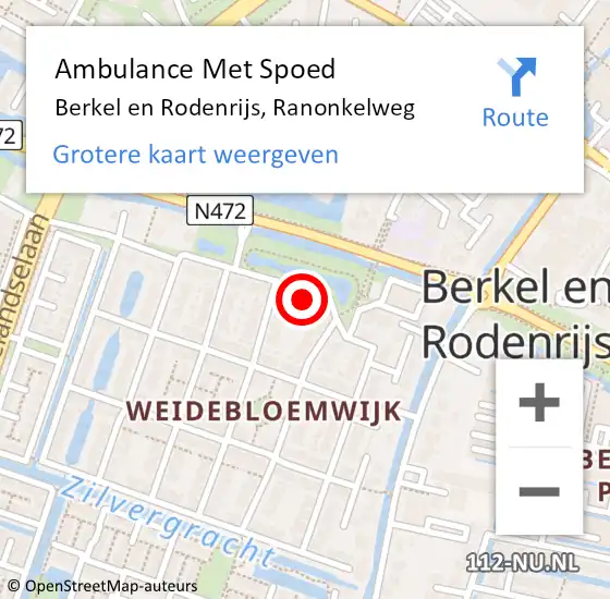 Locatie op kaart van de 112 melding: Ambulance Met Spoed Naar Berkel en Rodenrijs, Ranonkelweg op 31 augustus 2021 15:21