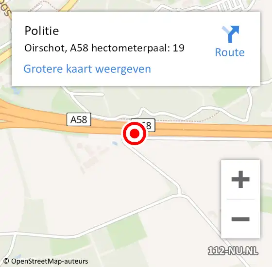 Locatie op kaart van de 112 melding: Politie Oirschot, A58 hectometerpaal: 19 op 31 augustus 2021 16:12