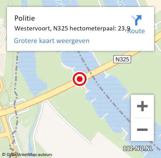 Locatie op kaart van de 112 melding: Politie Westervoort, N325 hectometerpaal: 23,9 op 31 augustus 2021 16:40