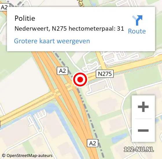 Locatie op kaart van de 112 melding: Politie Nederweert, N275 hectometerpaal: 31 op 31 augustus 2021 17:54