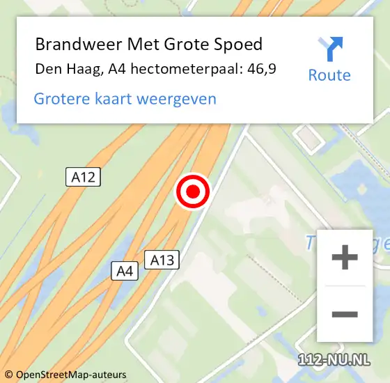 Locatie op kaart van de 112 melding: Brandweer Met Grote Spoed Naar Den Haag, A4 hectometerpaal: 46,9 op 31 augustus 2021 18:24