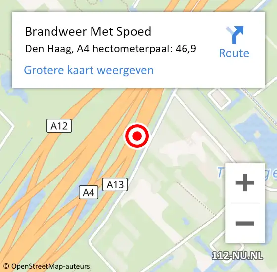 Locatie op kaart van de 112 melding: Brandweer Met Spoed Naar Den Haag, A4 hectometerpaal: 46,9 op 31 augustus 2021 18:32