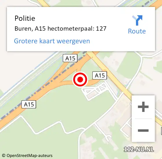 Locatie op kaart van de 112 melding: Politie Buren, A15 hectometerpaal: 127 op 31 augustus 2021 22:43