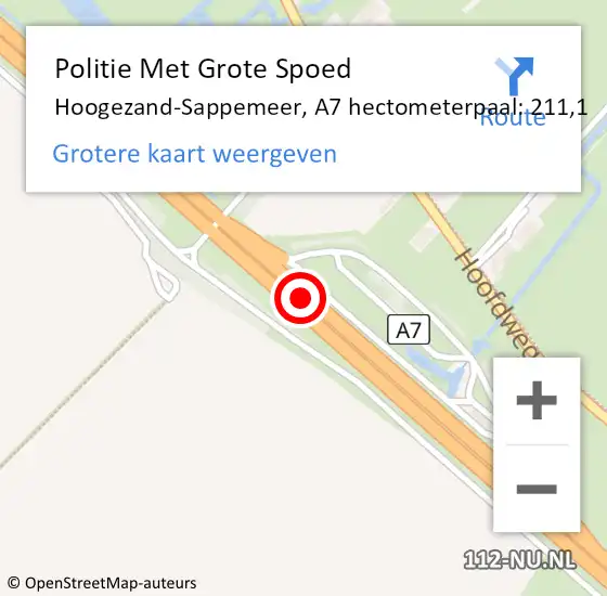 Locatie op kaart van de 112 melding: Politie Met Grote Spoed Naar Hoogezand-Sappemeer, A7 hectometerpaal: 211,1 op 31 augustus 2021 22:58