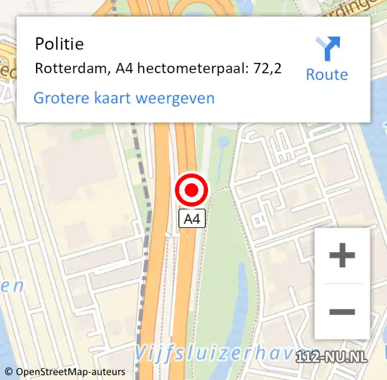 Locatie op kaart van de 112 melding: Politie Rotterdam, A4 hectometerpaal: 72,2 op 1 september 2021 01:08