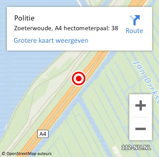 Locatie op kaart van de 112 melding: Politie Zoeterwoude, A4 hectometerpaal: 38 op 1 september 2021 08:00