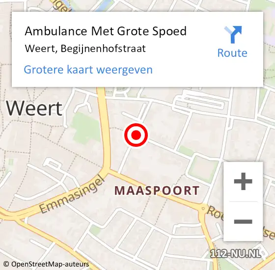 Locatie op kaart van de 112 melding: Ambulance Met Grote Spoed Naar Weert, Begijnenhofstraat op 1 september 2021 08:18