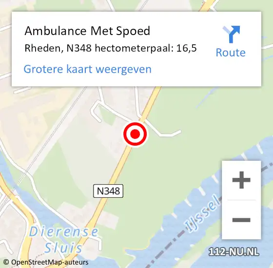 Locatie op kaart van de 112 melding: Ambulance Met Spoed Naar Rheden, N348 hectometerpaal: 16,5 op 1 september 2021 08:21