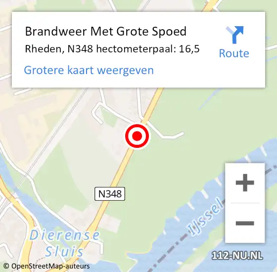 Locatie op kaart van de 112 melding: Brandweer Met Grote Spoed Naar Rheden, N348 hectometerpaal: 16,5 op 1 september 2021 08:23