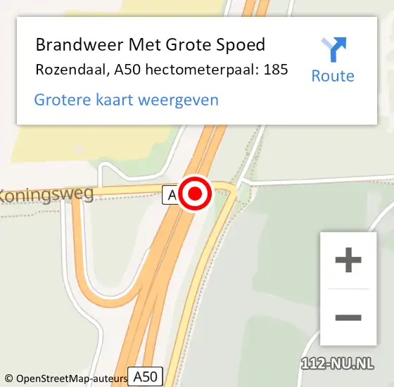 Locatie op kaart van de 112 melding: Brandweer Met Grote Spoed Naar Rozendaal, A50 hectometerpaal: 185 op 1 september 2021 09:19
