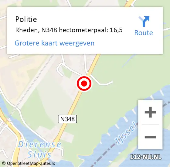 Locatie op kaart van de 112 melding: Politie Rheden, N348 hectometerpaal: 16,5 op 1 september 2021 09:43