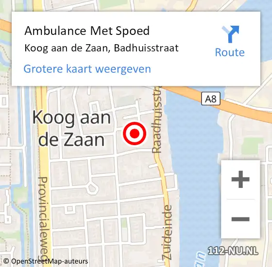 Locatie op kaart van de 112 melding: Ambulance Met Spoed Naar Koog aan de Zaan, Badhuisstraat op 1 september 2021 09:58