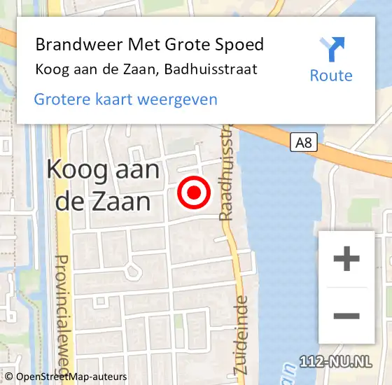 Locatie op kaart van de 112 melding: Brandweer Met Grote Spoed Naar Koog aan de Zaan, Badhuisstraat op 1 september 2021 10:12