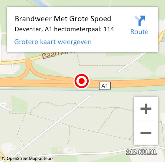 Locatie op kaart van de 112 melding: Brandweer Met Grote Spoed Naar Deventer, A1 hectometerpaal: 114 op 1 september 2021 11:02