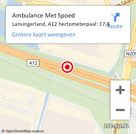 Locatie op kaart van de 112 melding: Ambulance Met Spoed Naar Lansingerland, A12 hectometerpaal: 17,8 op 1 september 2021 11:41