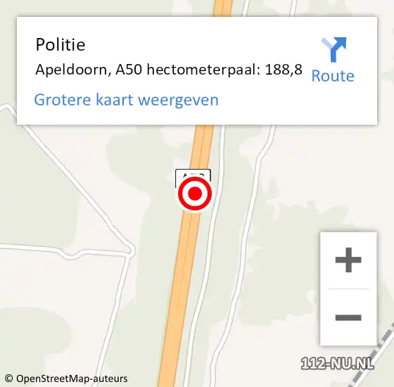 Locatie op kaart van de 112 melding: Politie Apeldoorn, A50 hectometerpaal: 188,8 op 1 september 2021 12:09