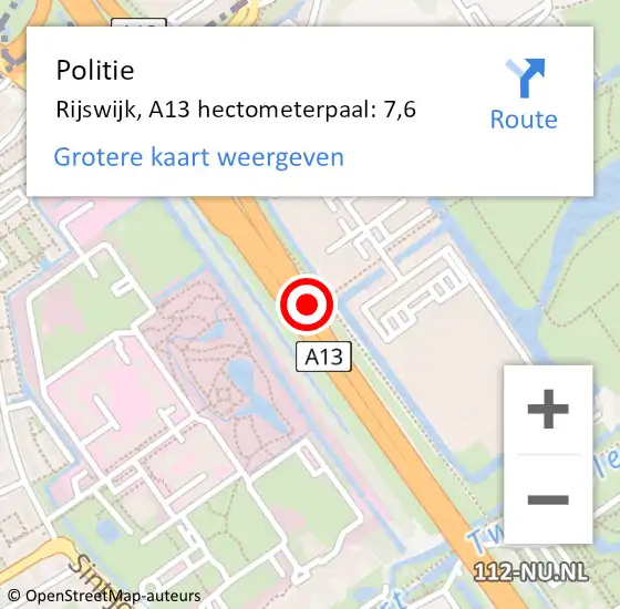 Locatie op kaart van de 112 melding: Politie Rijswijk, A13 hectometerpaal: 7,6 op 1 september 2021 13:21