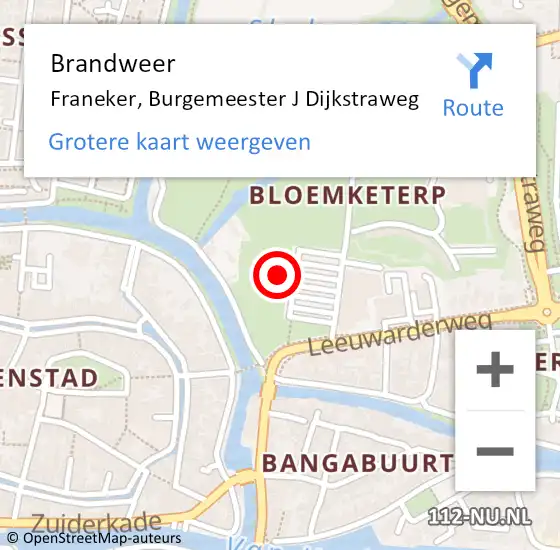 Locatie op kaart van de 112 melding: Brandweer Franeker, Burgemeester J Dijkstraweg op 1 september 2021 13:44