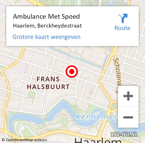 Locatie op kaart van de 112 melding: Ambulance Met Spoed Naar Haarlem, Berckheydestraat op 1 september 2021 14:41