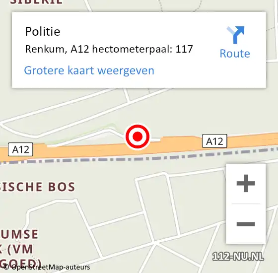 Locatie op kaart van de 112 melding: Politie Renkum, A12 hectometerpaal: 117 op 1 september 2021 15:23