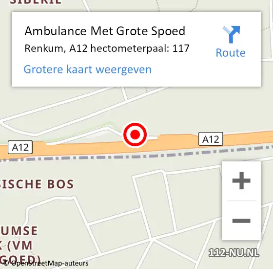 Locatie op kaart van de 112 melding: Ambulance Met Grote Spoed Naar Renkum, A12 hectometerpaal: 117 op 1 september 2021 15:25