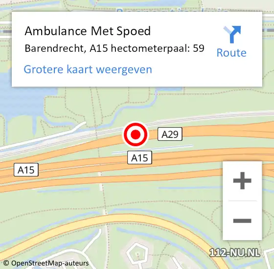 Locatie op kaart van de 112 melding: Ambulance Met Spoed Naar Barendrecht, A15 hectometerpaal: 59 op 1 september 2021 16:37