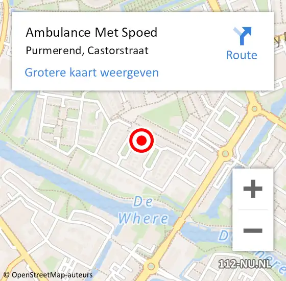 Locatie op kaart van de 112 melding: Ambulance Met Spoed Naar Purmerend, Castorstraat op 1 september 2021 16:49