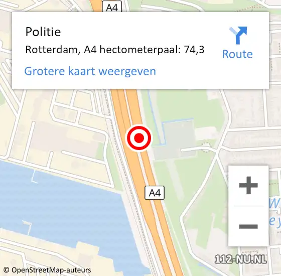 Locatie op kaart van de 112 melding: Politie Rotterdam, A4 hectometerpaal: 74,3 op 1 september 2021 16:51