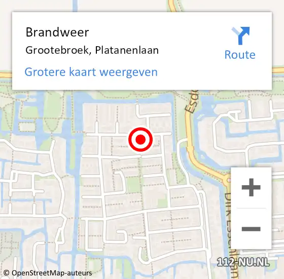 Locatie op kaart van de 112 melding: Brandweer Grootebroek, Platanenlaan op 1 september 2021 16:53