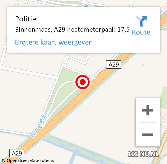 Locatie op kaart van de 112 melding: Politie Binnenmaas, A29 hectometerpaal: 17,5 op 1 september 2021 16:55