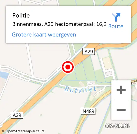 Locatie op kaart van de 112 melding: Politie Binnenmaas, A29 hectometerpaal: 16,9 op 1 september 2021 17:00