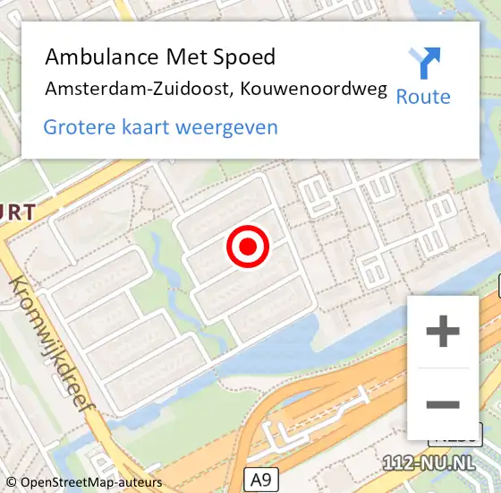 Locatie op kaart van de 112 melding: Ambulance Met Spoed Naar Amsterdam-Zuidoost, Kouwenoordweg op 1 september 2021 17:53