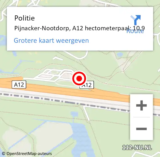 Locatie op kaart van de 112 melding: Politie Pijnacker-Nootdorp, A12 hectometerpaal: 10,9 op 1 september 2021 21:44