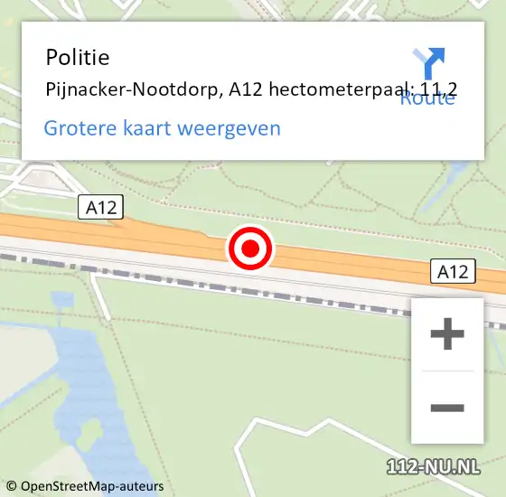 Locatie op kaart van de 112 melding: Politie Pijnacker-Nootdorp, A12 hectometerpaal: 11,2 op 1 september 2021 21:58