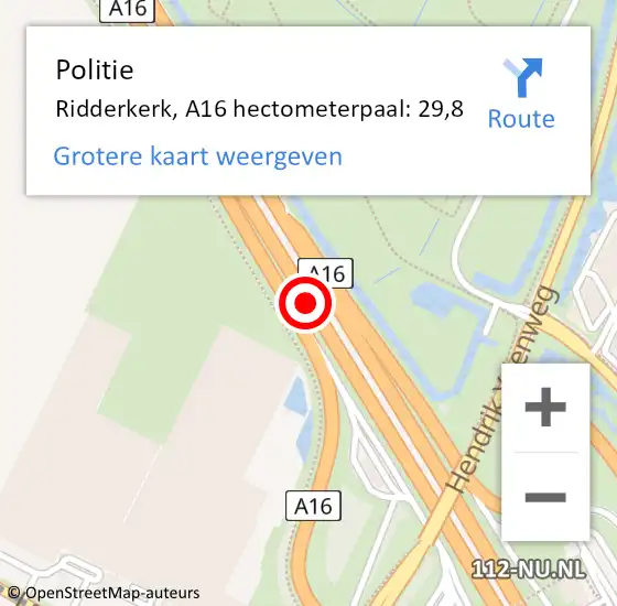 Locatie op kaart van de 112 melding: Politie Ridderkerk, A16 hectometerpaal: 29,8 op 1 september 2021 22:15