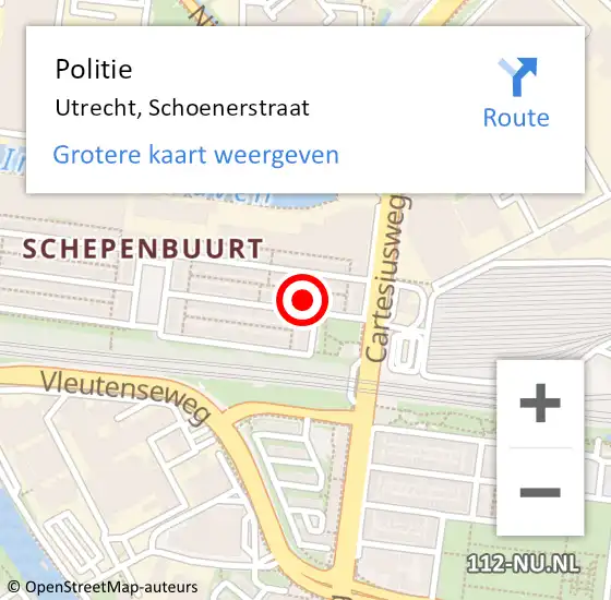 Locatie op kaart van de 112 melding: Politie Utrecht, Schoenerstraat op 2 september 2021 00:54