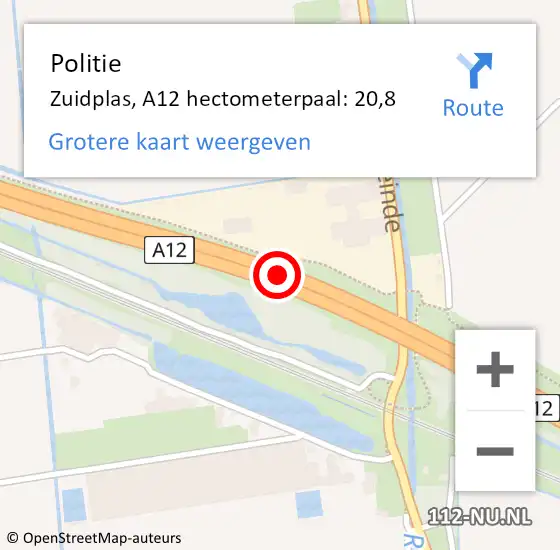 Locatie op kaart van de 112 melding: Politie Zuidplas, A12 hectometerpaal: 20,8 op 2 september 2021 09:28