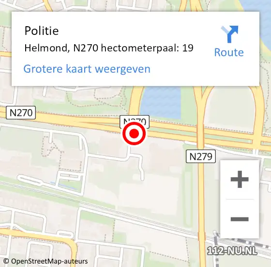 Locatie op kaart van de 112 melding: Politie Helmond, N270 hectometerpaal: 19 op 2 september 2021 09:43