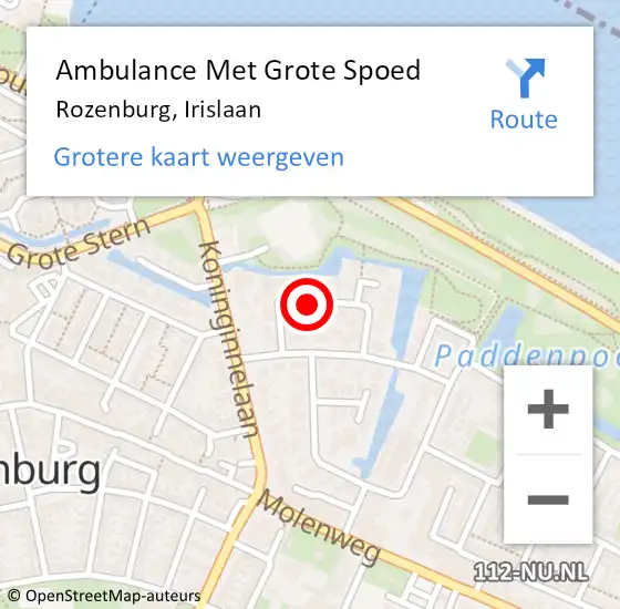 Locatie op kaart van de 112 melding: Ambulance Met Grote Spoed Naar Rozenburg, Irislaan op 2 september 2021 10:55