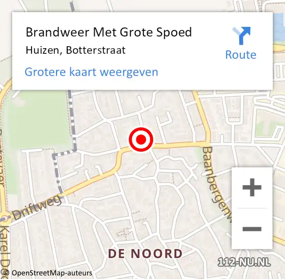 Locatie op kaart van de 112 melding: Brandweer Met Grote Spoed Naar Huizen, Botterstraat op 2 september 2021 11:56