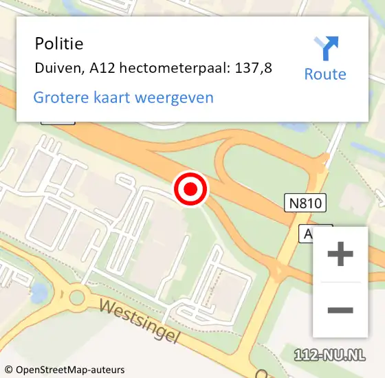 Locatie op kaart van de 112 melding: Politie Duiven, A12 hectometerpaal: 137,8 op 2 september 2021 13:24