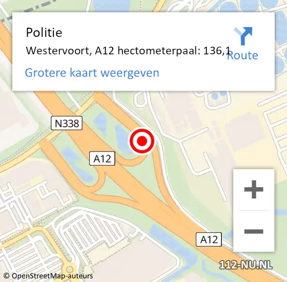 Locatie op kaart van de 112 melding: Politie Westervoort, A12 hectometerpaal: 136,1 op 2 september 2021 13:24
