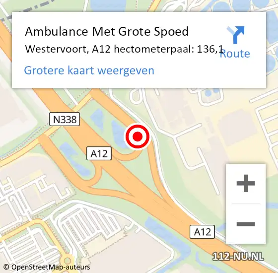 Locatie op kaart van de 112 melding: Ambulance Met Grote Spoed Naar Westervoort, A12 hectometerpaal: 136,1 op 2 september 2021 13:25