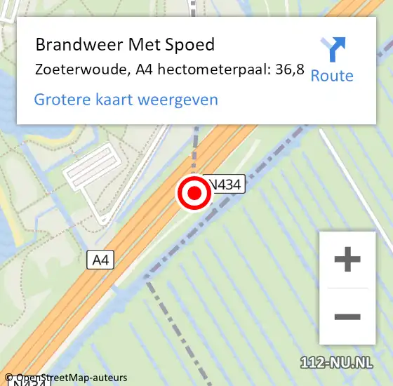 Locatie op kaart van de 112 melding: Brandweer Met Spoed Naar Zoeterwoude, A4 hectometerpaal: 36,8 op 2 september 2021 15:03