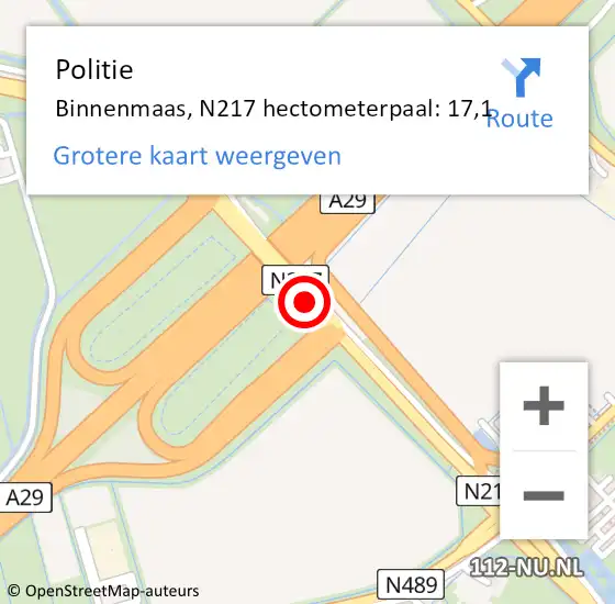 Locatie op kaart van de 112 melding: Politie Binnenmaas, N217 hectometerpaal: 17,1 op 2 september 2021 15:56